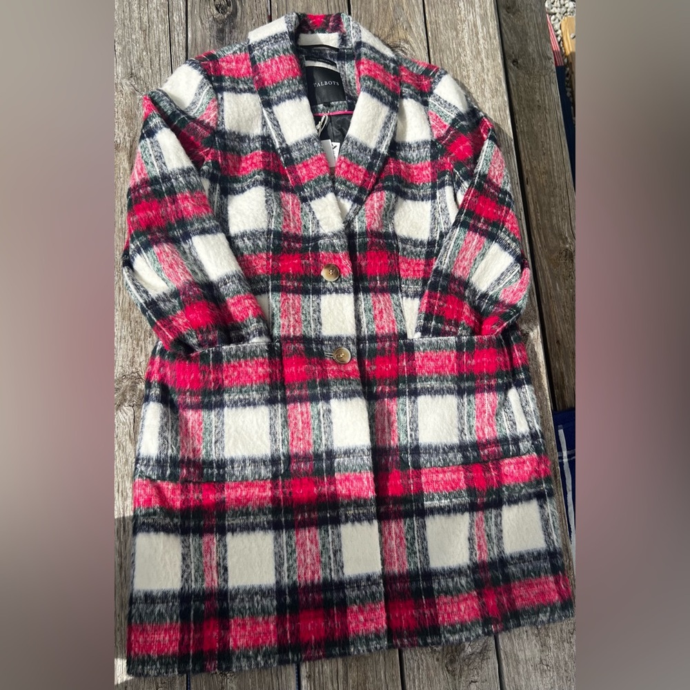 Talbots Brushed Plaid Coat-NWT, size 14. 2 button closure w/ 2 pockets.
